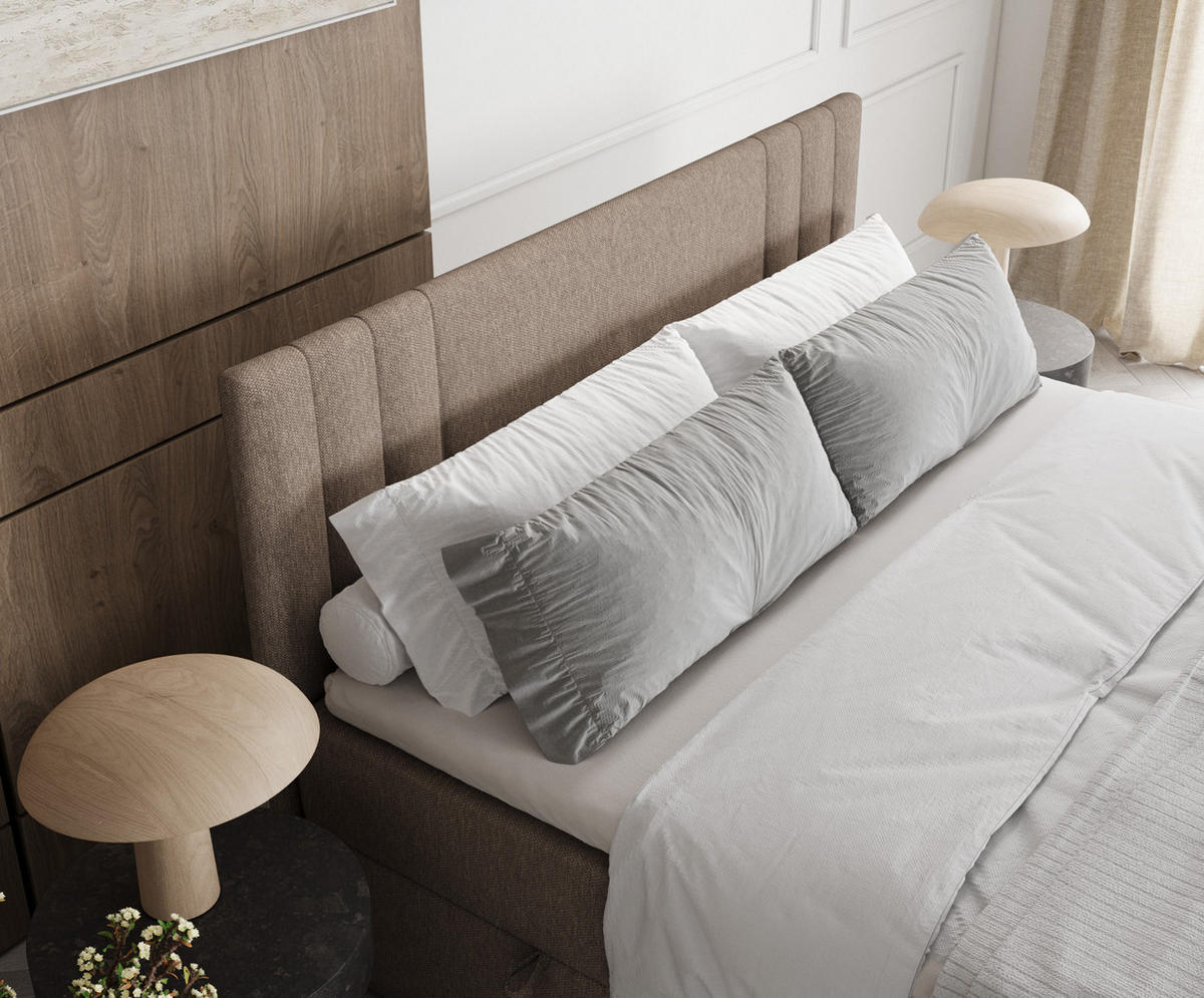BOXBETT Mallo Dunkelbeige 180/200 cm mit Matratze und Topper - Hellbraun/Schwarz, Holz/Holzwerkstoff (180/200cm) - Maison de Reve