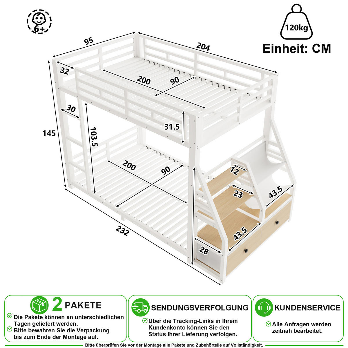 ETAGENBETT 90/200 cm & 90/200 cm in Weiß mit LED, Ablagen und 2 Schubladen - Weiß, Metall (90/200cm) - CHICFURN