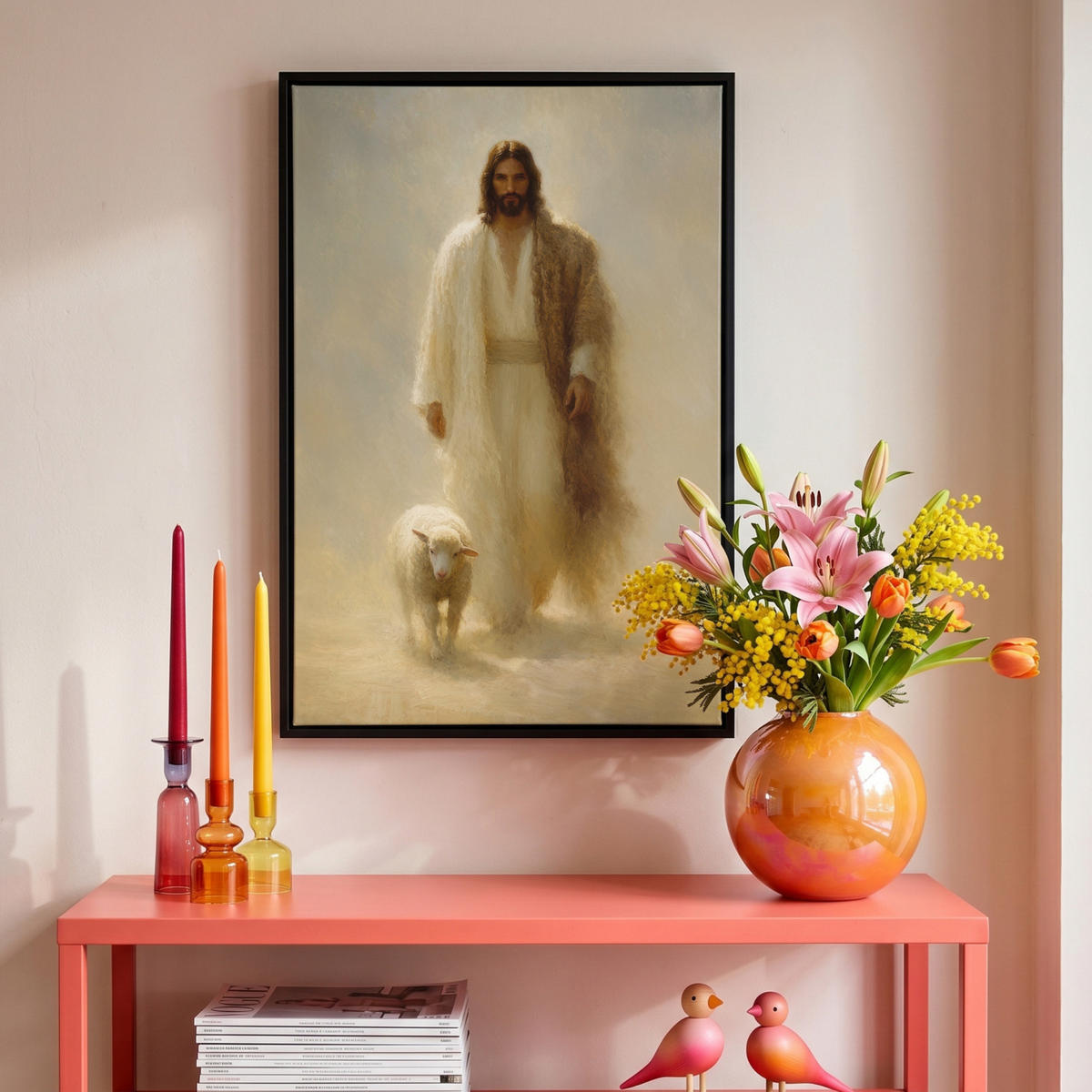 LEINWAND Bilder mit Rahmen - Schaf - Jesus - Pinselstriche - Abstrakt - 40x60 - Beige, Textil (40/60cm) - MuchoWow