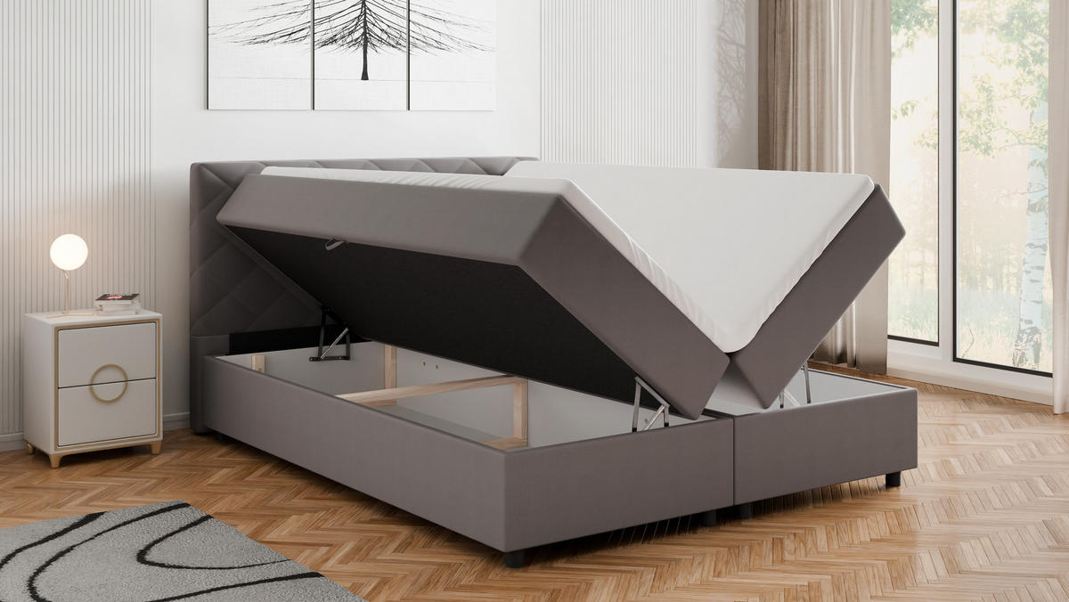 BOXBETT Diamaro 160x200 cm mit Bettkasten und Topper - Dunkelgrau - Grau, Holz (160/200cm) - Homesy