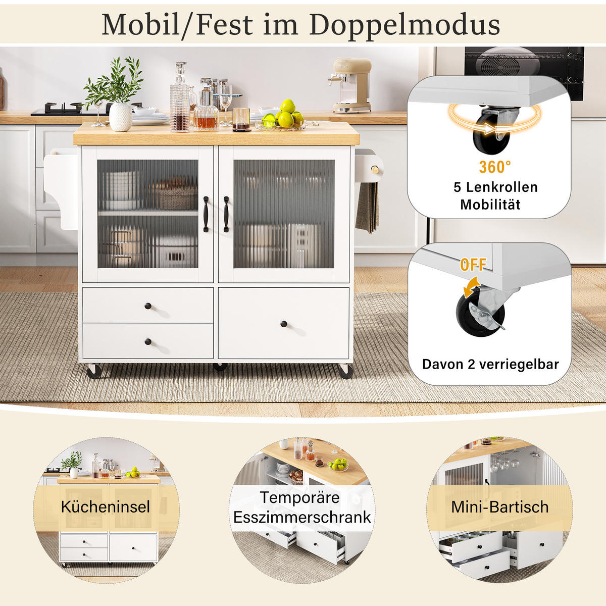 KÜCHENINSEL Mobile 100cm in Weiß & Natur - Weiß, Holzwerkstoff (100/92/42cm) - Urban Meuble