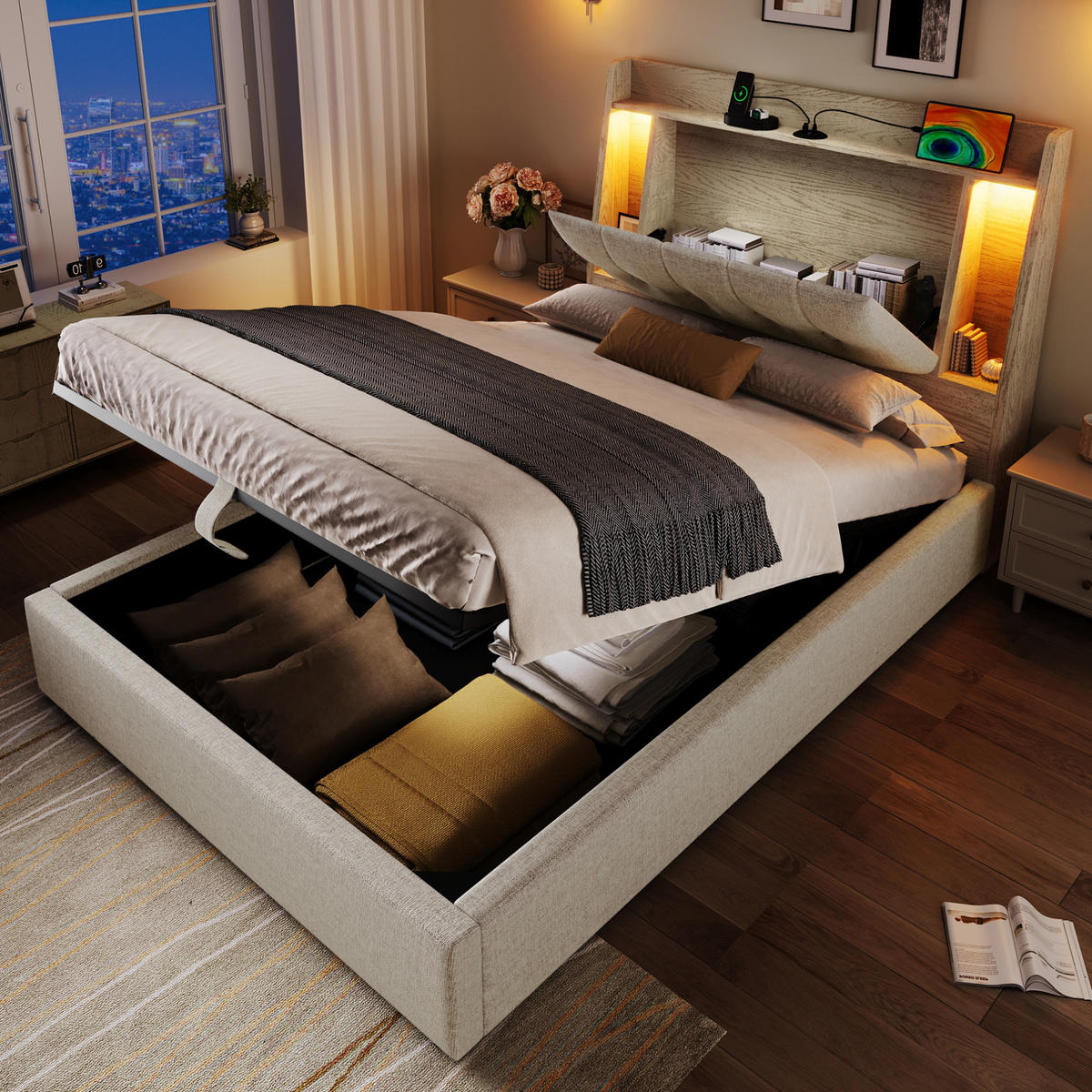 POLSTERBETT 90/200 cm Beige aus Leinen und MDF mit LED-Beleuchtung - Beige, Textil (90/200cm) - OKMYHOME