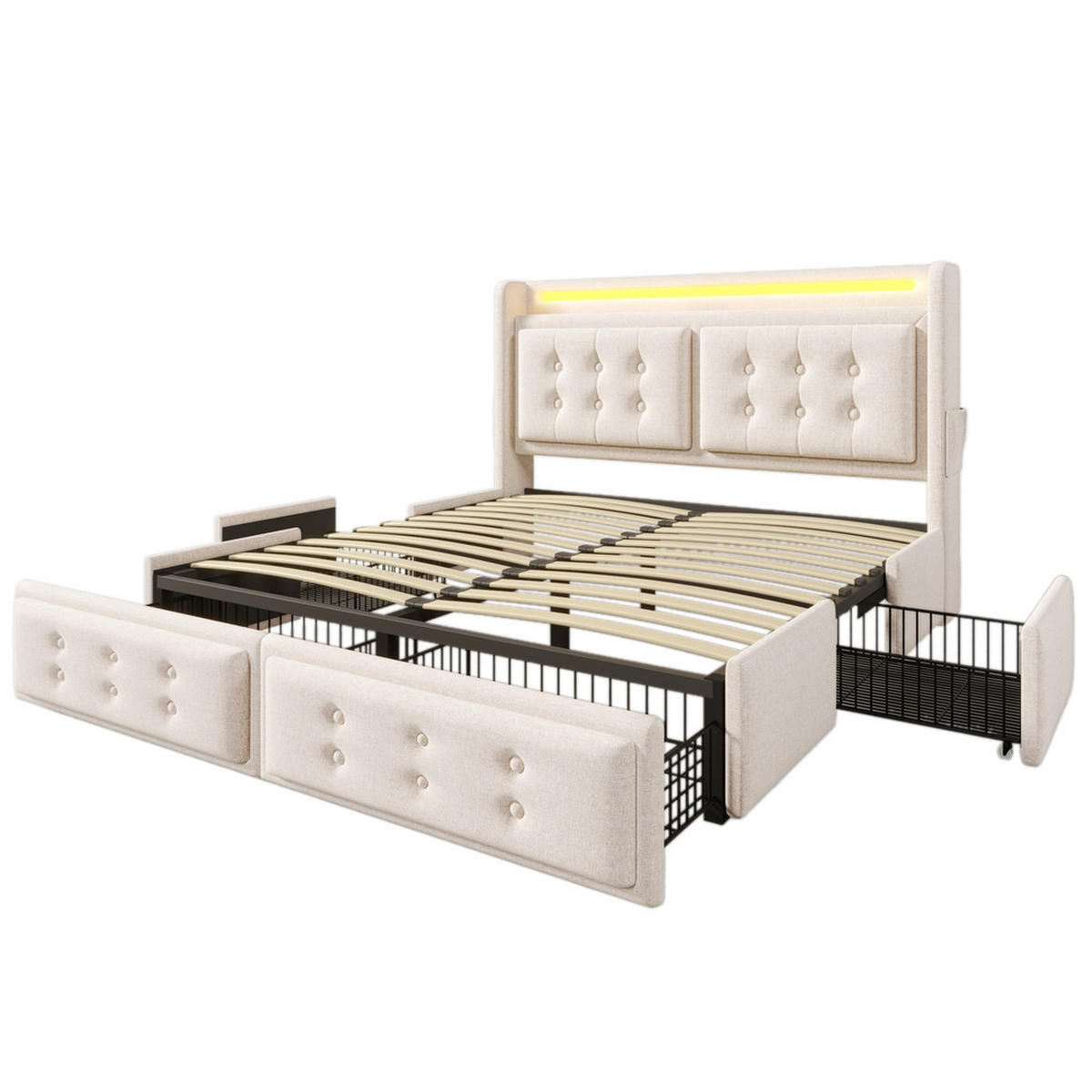 POLSTERBETT 160x200cm Doppelbett LED-Kopfteil USB-C 4 Schubladen Beige - Beige, Holz - FLIEKS