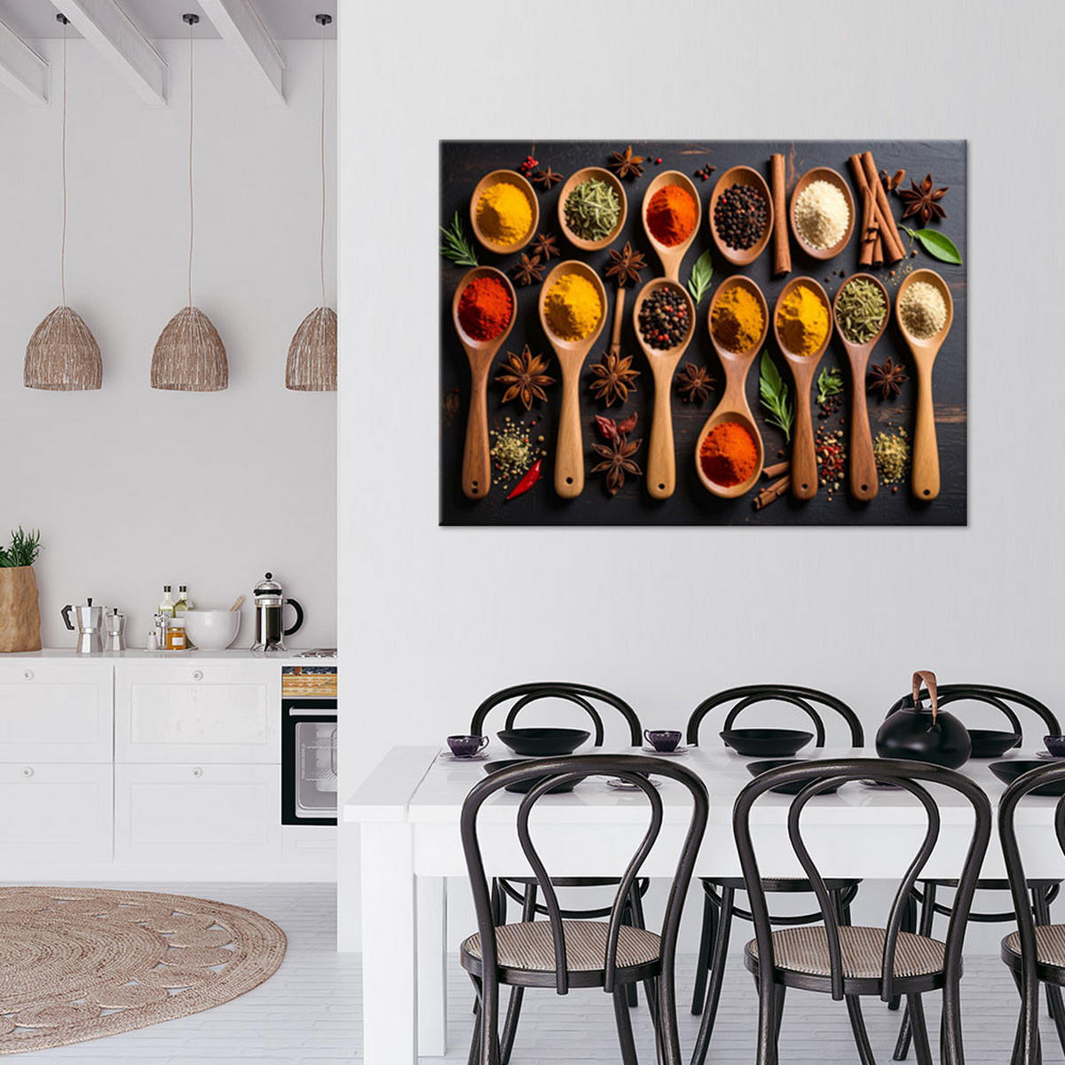LEINWANDBILD Holzlöffel mit Gewürzen 90x60cm - Multicolor, Textil (90/60cm) - Feeby