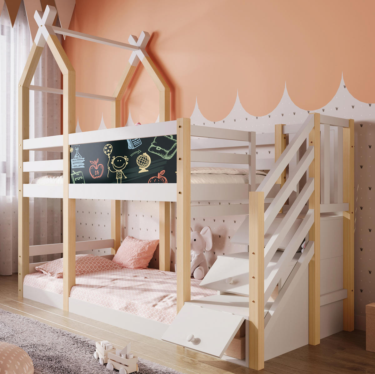 HOCHBETT 90/200 cm in Weiß mit Treppenschrank und Tafel im Baumhaus-Design - Weiß, Holzwerkstoff (90/200cm) - BEAOK