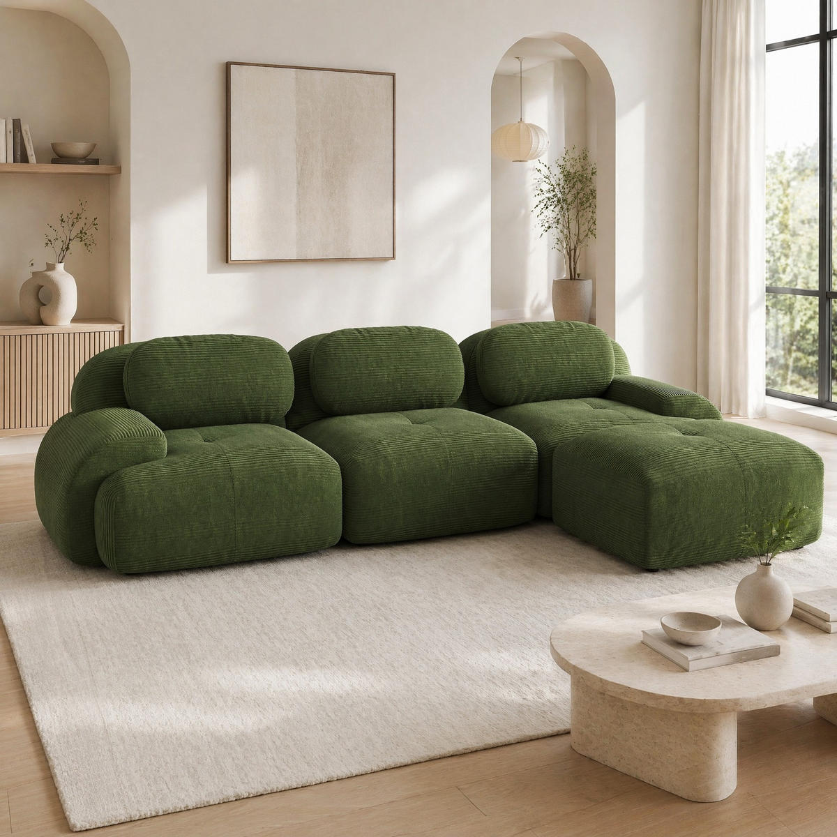 ECKSOFA in Grün aus Cord mit 32D-Schaum, rahmenlos und montagefrei - Grün, Textil (178/298cm) - Flora Grace