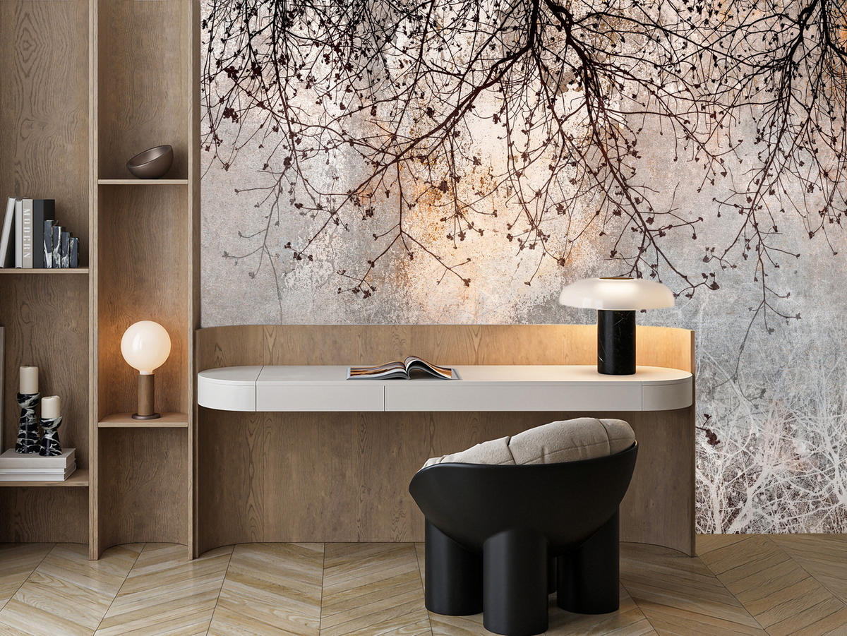 FOTOTAPETA Vetvy Betón Rastliny Abstrakcia 400 x 280 cm - oranžová/hnedá, papier (400/280cm) - Muralo