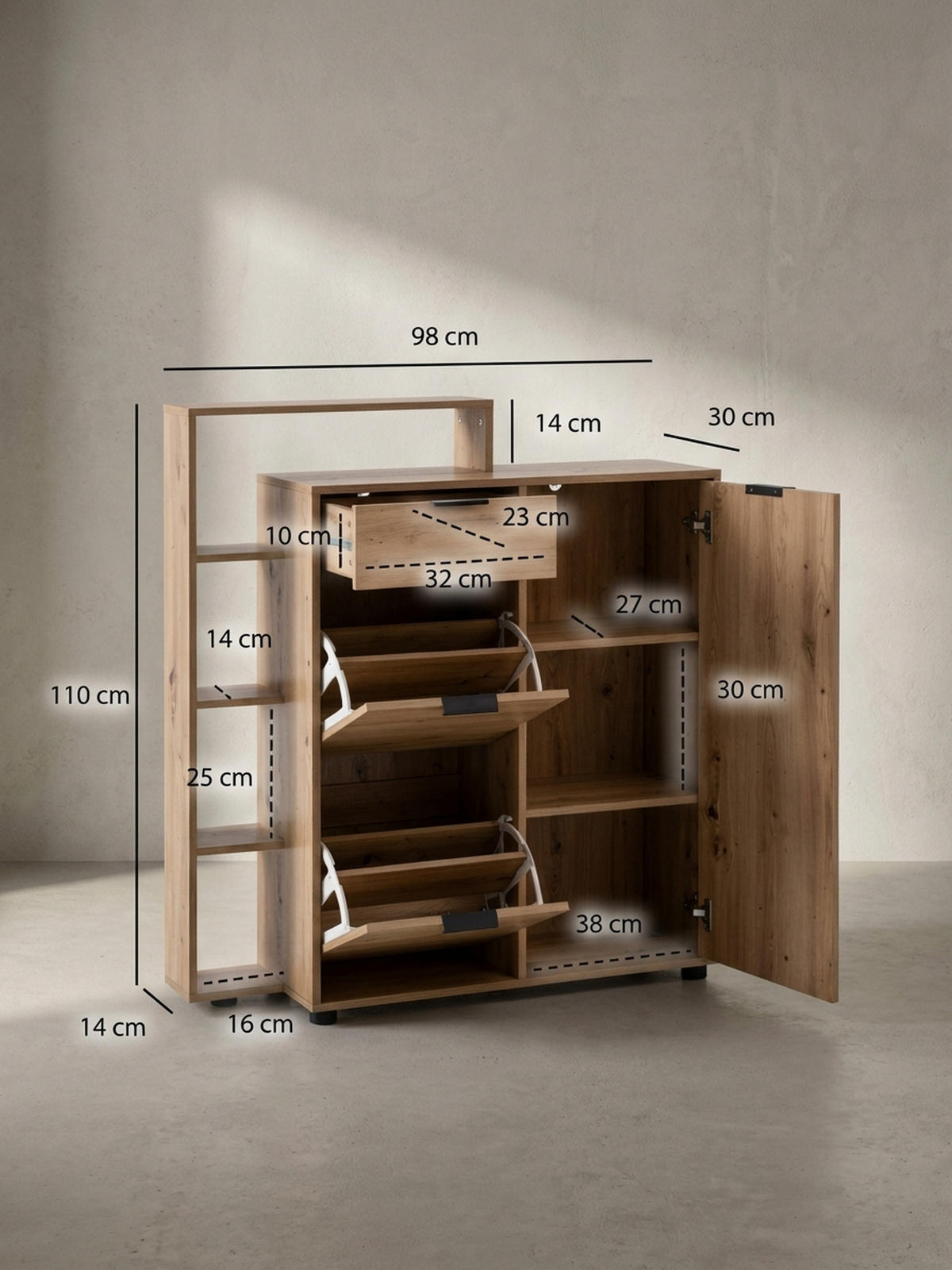 SCHUHSCHRANK – Eiche-Dekor, 98x110x30 cm, geschlossen, mit Schublade - Schwarz/Braun, Kunststoff (98/110/30cm) - KADIMA DESIGN