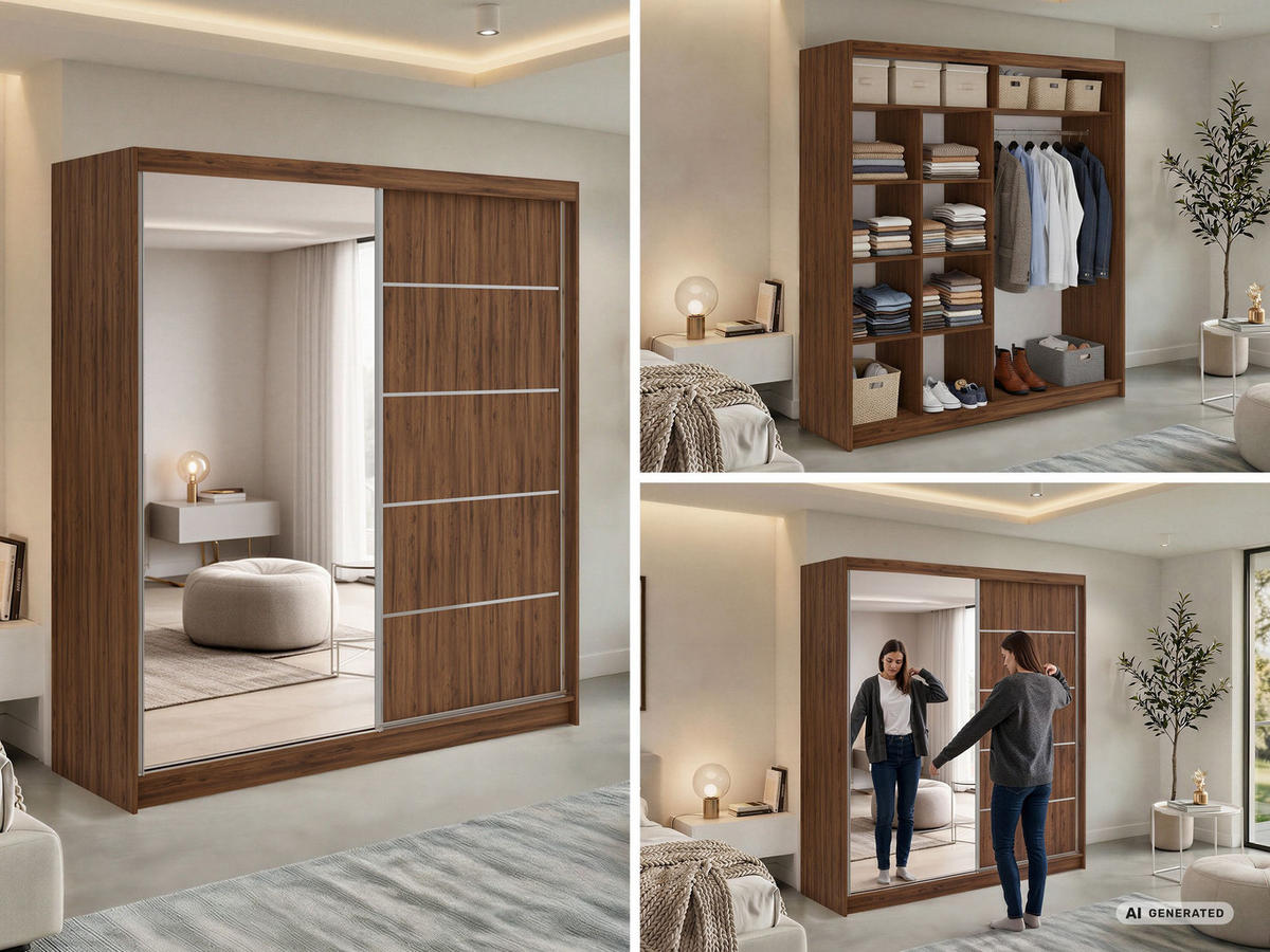 SCHWEBETÜRENSCHRANK 200 - SKORIA - Warmia Walnuss mit Spiegel - Walnussfarben/Alufarben, Holzwerkstoff/Metall (200/216/61cm) - MKS
