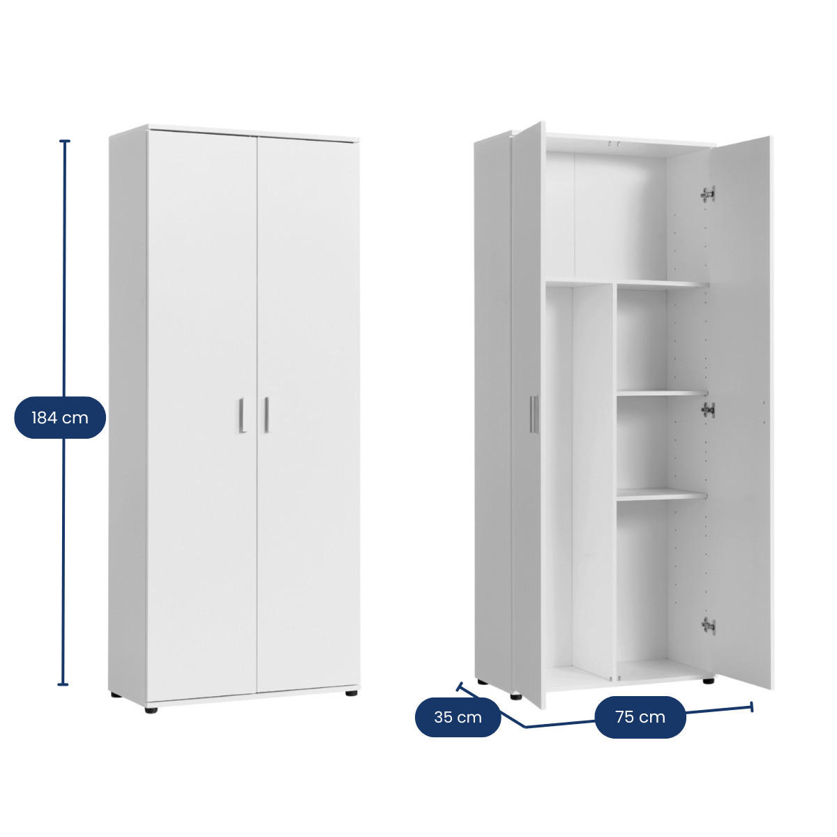 UNIVERZÁLNA SKRÍŇ s 2 dverami, 2 policami a priehradkou na vysávač v bielej farbe - biela, kompozitné drevo (75/184/35cm) - Home Collective