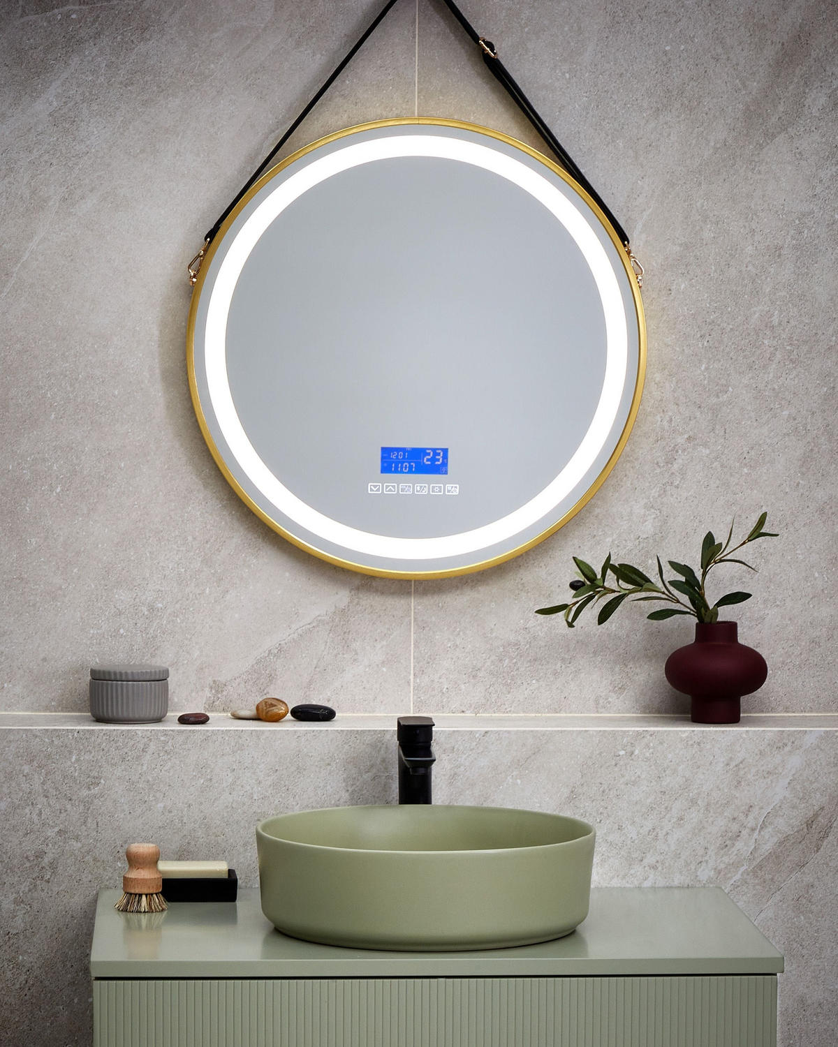 OGLINDĂ DE BAIE CU LED 60/60 cm cu Bluetooth-Lautsprecher aurie Darois - auriu/negru, sticlă (60/60/4cm) - Beliani