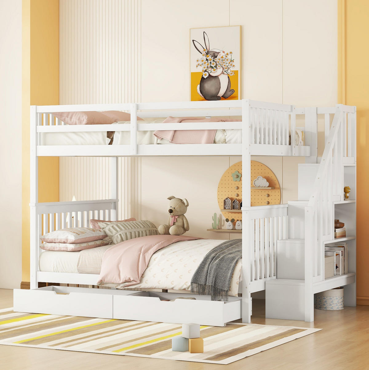 ETAGENBETT 140/200 cm aus Kiefern mit Treppenregal, 2 Schubladen und hohem Fallschutz, Weiß - Weiß, Holzwerkstoff (140/200cm) - Redom