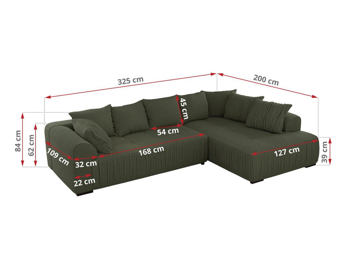ECKSOFA ORTA Grün Boucle - Rechts - Schwarz/Grün, Textil (200/325cm) - MKS
