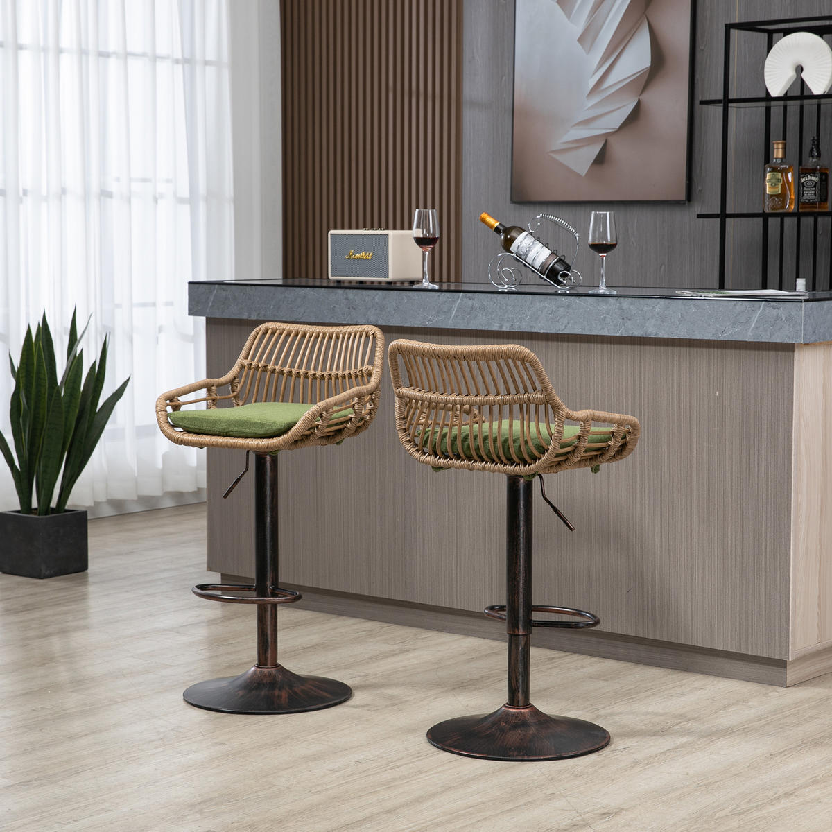 BARHOCKER 2er-Set drehbar mit Rattan und Höhenverstellung, Grün - Grün, Textil (49/89/48cm)