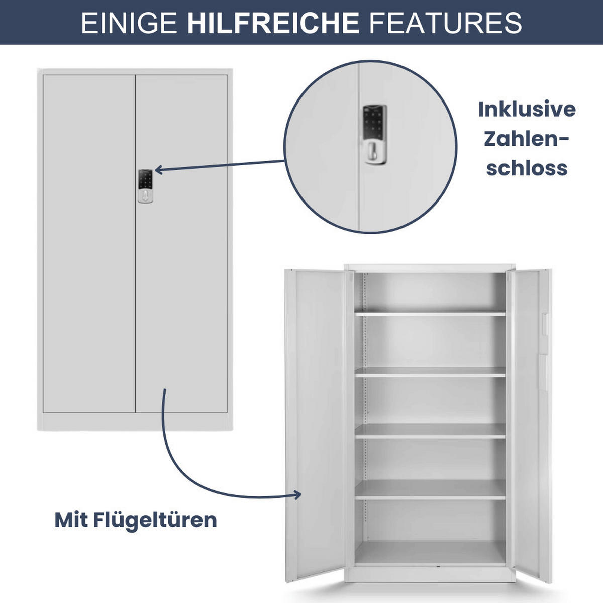 METALLSCHRANK abschließbar ODIS mit Zahlenschloss 185x90x40cm Grau - Grau, Metall (90/185/40cm) - DELUKE
