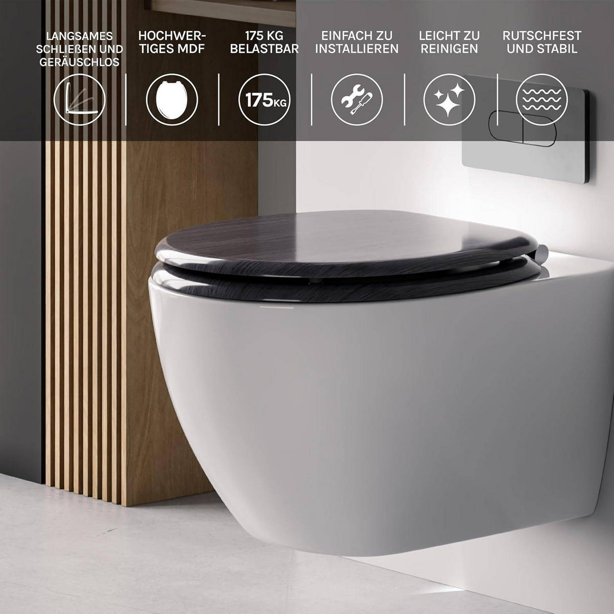 WC SITZ mit Absenkautomatik, MDF Holzkern, Antibakteriell - Grau, Holzwerkstoff (37/2.5/43cm) - Woltu