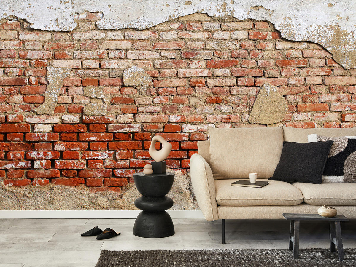FOTOTAPETE für Wohnzimmer Alte Rissige Rote Ziegelwand Rustikal 200x140 - Beige/Rot, Papier (200/140cm) - Muralo