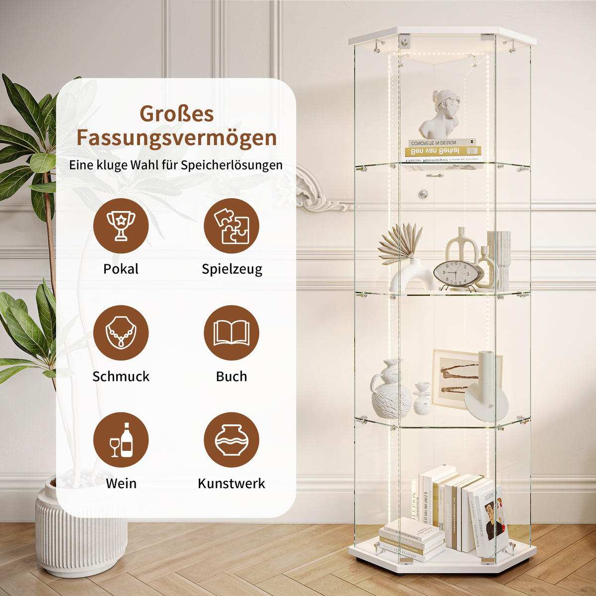 VITRINE mit RGB LED Beleuchtung - Eckvitrine mit 4 Ebenen und 1 Glastür - Glaskvitrine mit Schloss - Weiß - Weiß, Glas (60/162/42.5cm) - DELFA