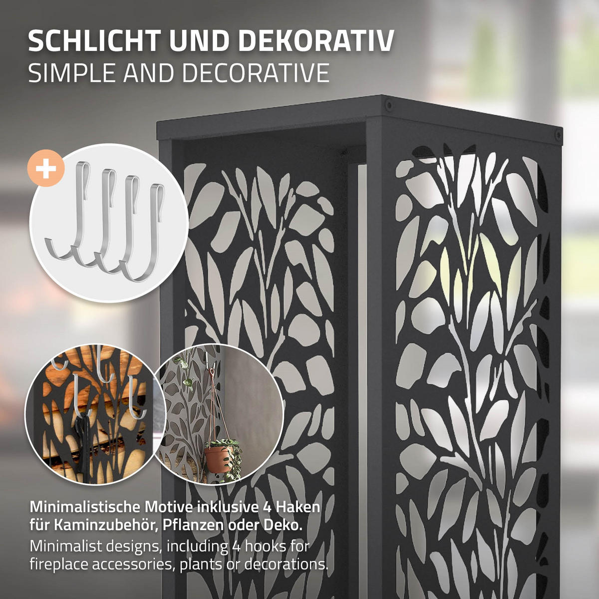 REGÁL NA DŘEVO Vnitřní i venkovní regál na dřevo 37,5 x 37,5 x 112 cm z pozinkované oceli v antracitové barvě s motivem listů - antracitová, kov (37.5/112/37.5cm) - ML-DESIGN