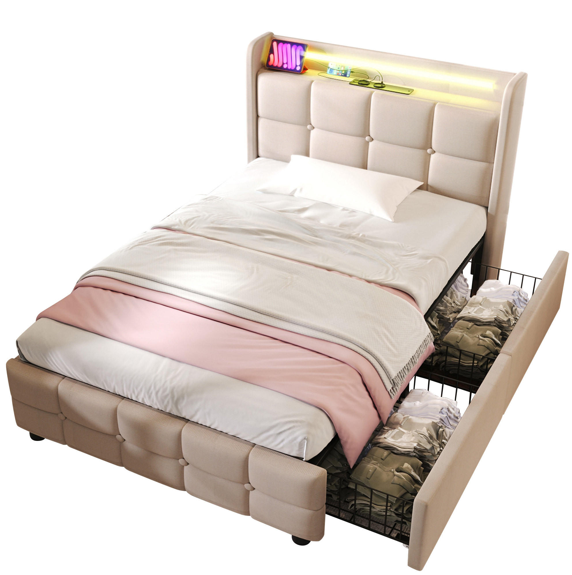 POLSTERBETT 90/200 cm mit USB, Steckdosen, LED-Beleuchtung, 2 Schubladen und Leinenbezug, Beige - Beige, Holz (90/90cm) - Redom