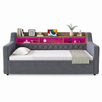 POLSTERBETT 90/190 mit Ausziehbett, Stauraum-Kopfteil mit Holzablage und LED, USB und Type-C in Dunkelgrau - Grau, Holzwerkstoff/Textil (90/190cm) - EVRYAE