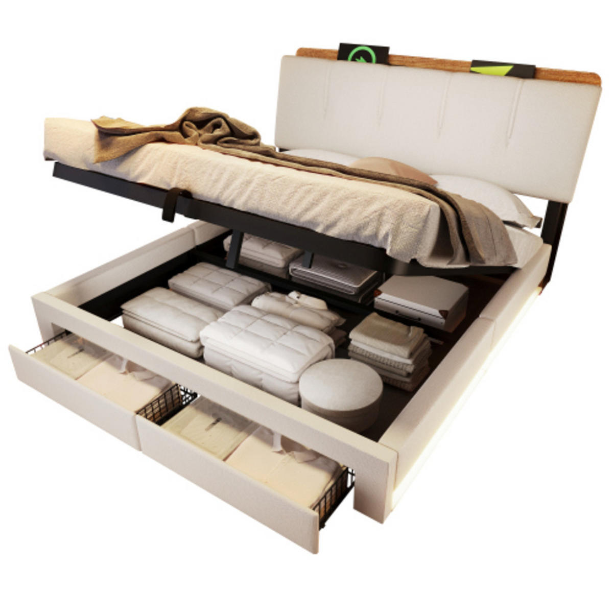 POLSTERBETT beige 218×142×107 cm aus Leinen-Stoff mit Stauraumkopfteil, Hydraulikbettkasten - Beige, Textil (140/200cm) - Luhomfu