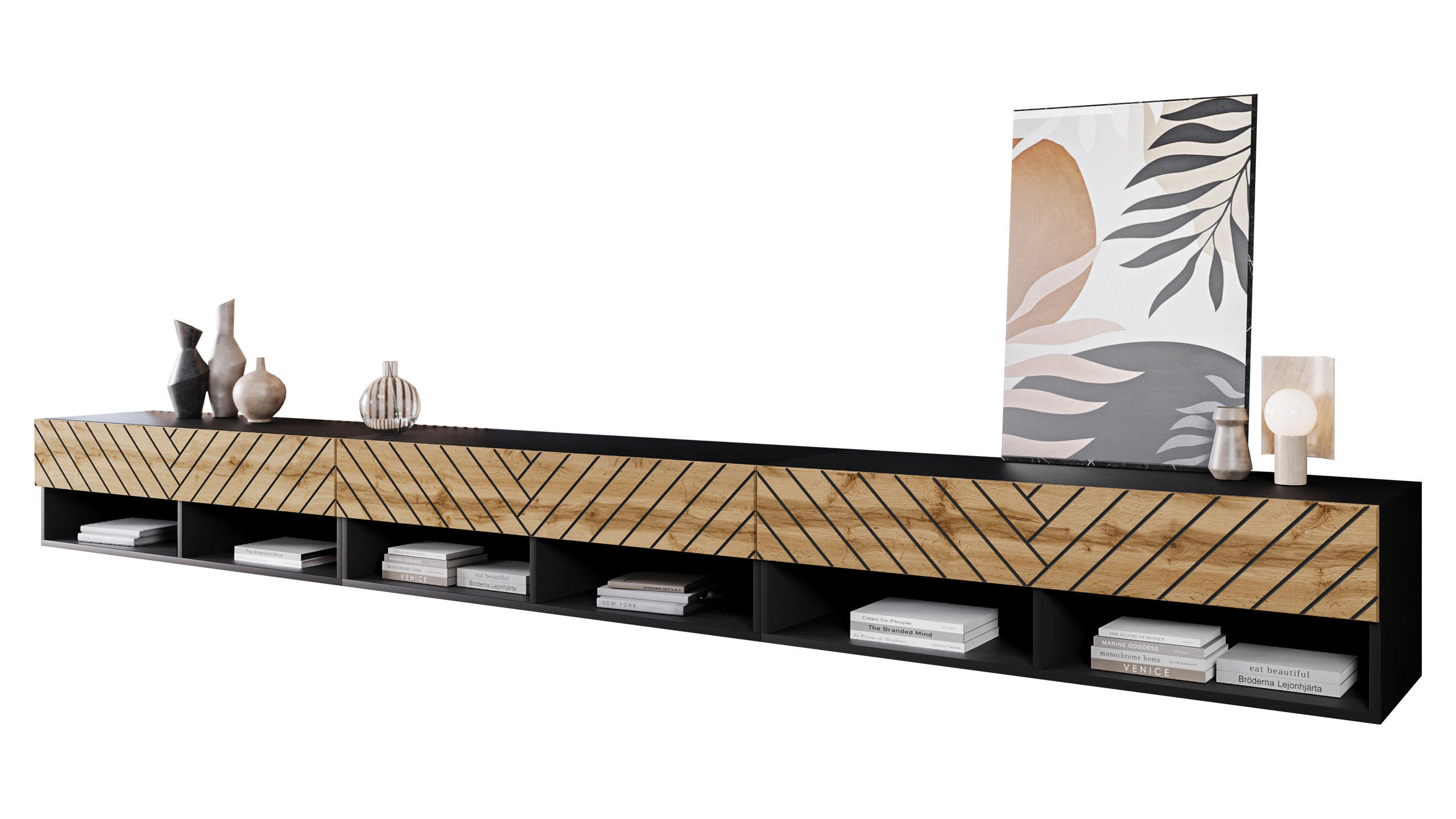 Mirjan24 Tv-Lowboard Graphit, Eiche Wotan 300x30x33 cm