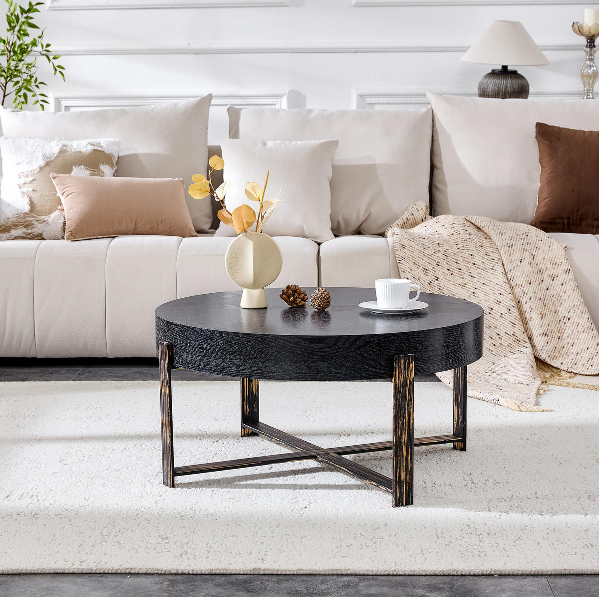 COUCHTISCH 68 cm in Schwarz aus MDF und Metall mit Kreuzgestell - Schwarz, Holzwerkstoff (68/68/36cm) - OKMYHOME