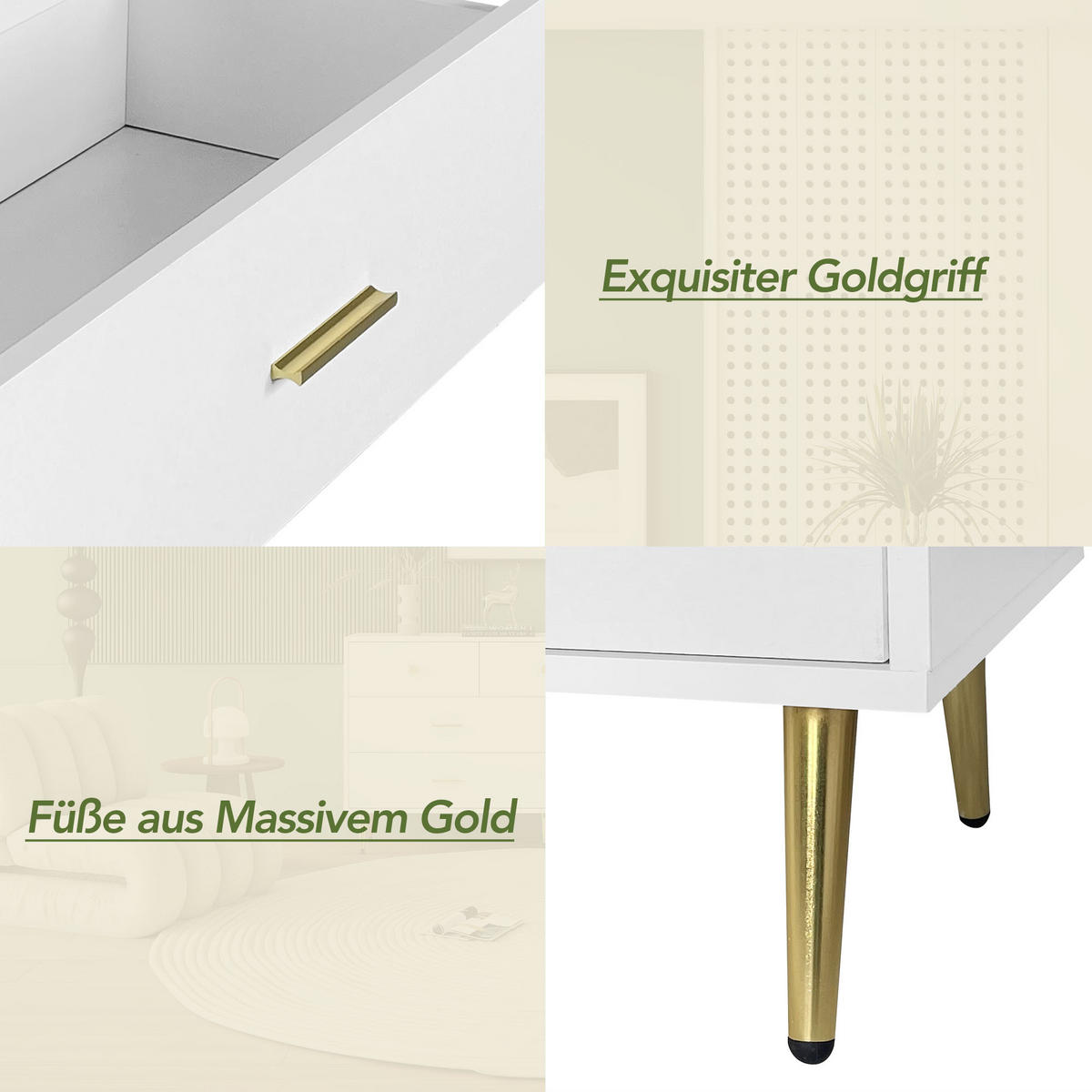SIDEBOARD Weiß Gold 7 Schubladen 140x35x76cm Hochglanz Stauraum - Weiß, Holzwerkstoff (35/76/140cm) - FLIEKS