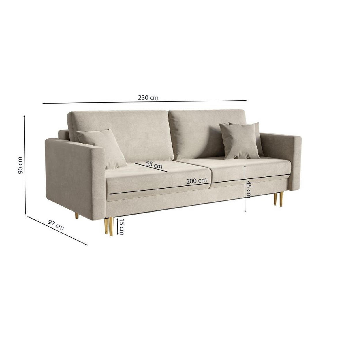 SCHLAFSOFA Valico Salbeigrün hydrophober Samt - Salbeigrün/Goldfarben, Textil/Metall (230/90/97cm) - Selsey