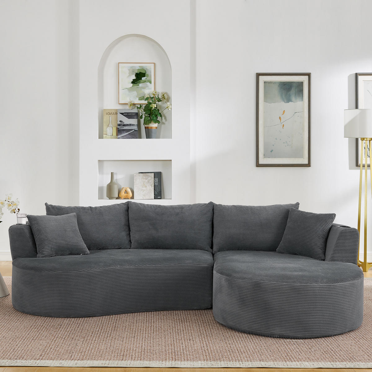 3-SITZER ECKSOFA Cord Grau mit Getränkehaltern und Kissen - Grau, Textil (264/168cm) - WISHDOR