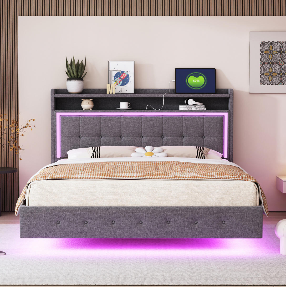 POLSTERBETT 140/200 cm mit LED-Beleuchtung und USB, gepolstertem Kopfteil - Grau, Textil (140/200cm) - BEAOK