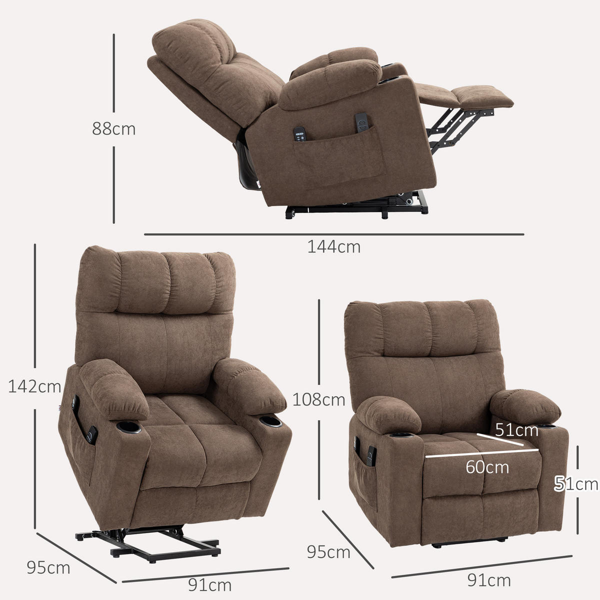 FERNSEHSESSEL mit Aufstehhilfe, Braun - Braun, Kunststoff (95/109/91cm) - HOMCOM