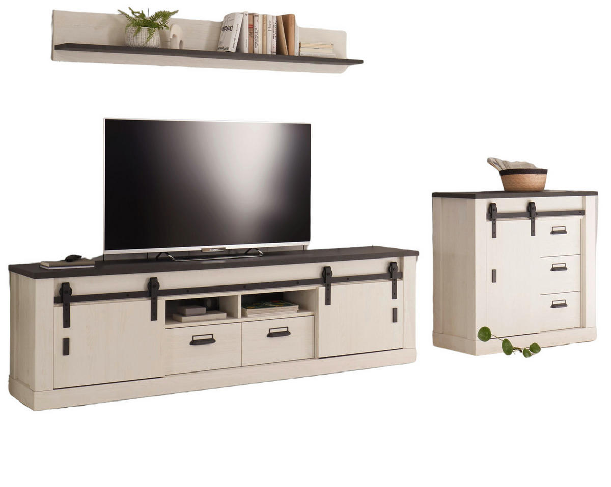 WOHNWAND weiß Pinie, anthrazit Landhaus, Wohnkombination 3-teilig 314 cm - Anthrazit/Weiß, Holzwerkstoff/Metall (272/170/43cm) - Furn.Design