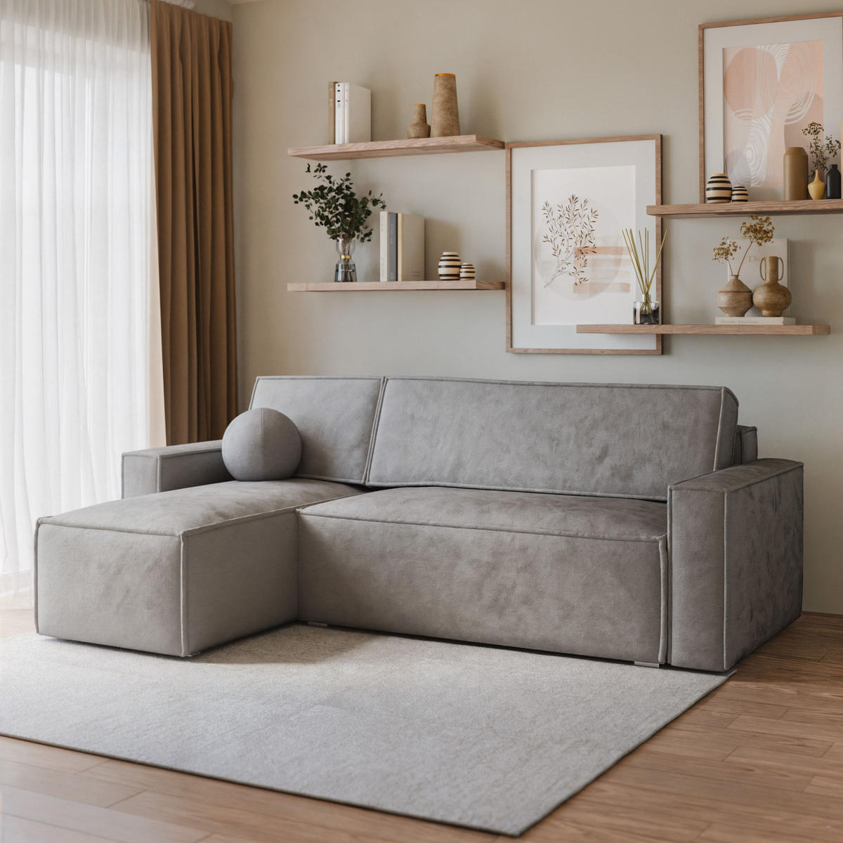ECKSOFA RAVELO M Hellgrau Velours-Stoff mit Schlaffunktion - Hellgrau, Holz (240/140cm) - MASSENO
