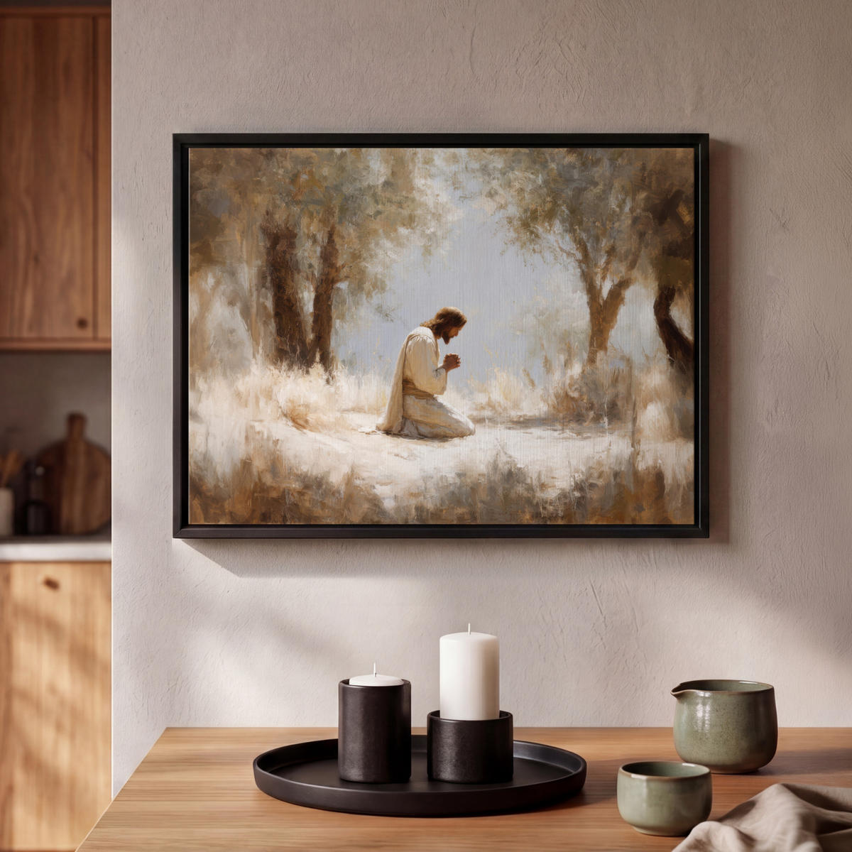 LEINWAND Bilder mit Rahmen - Jesus - Kniend - Waldlandschaft - Betend - 40x30 - Beige, Textil (40/30cm) - MuchoWow
