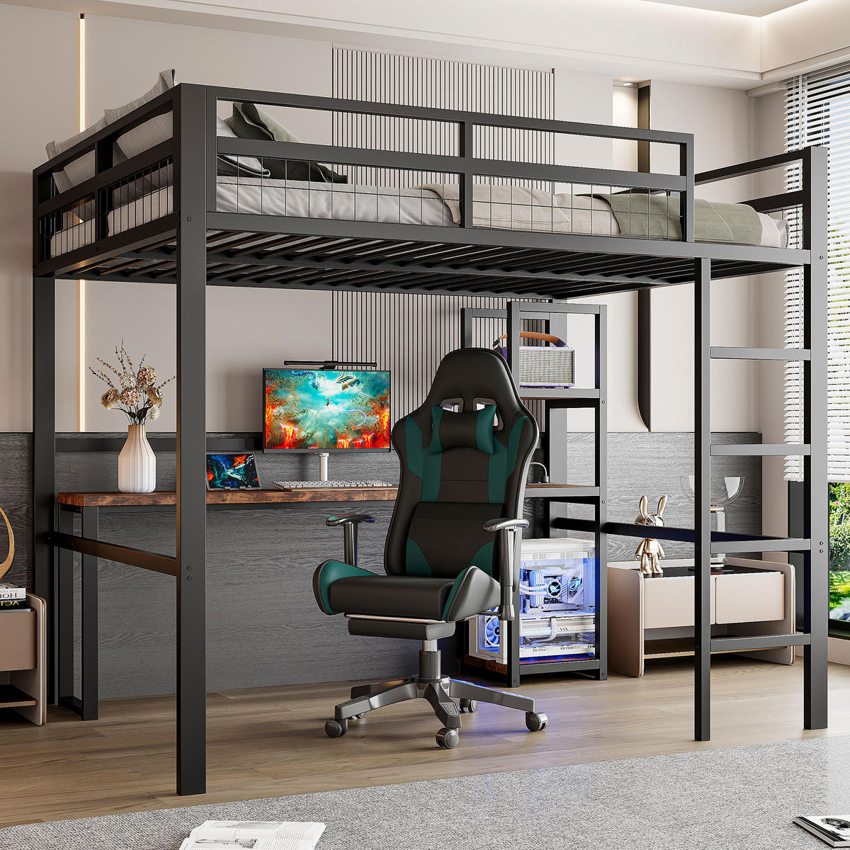 HOCHBETT 140 x 200cm Eisenrahmen，mit usb type-c, Geländer, Trittleiter, ohne Matratze, Schwarz - Schwarz, Metall (140/200cm) - KOMHTOM