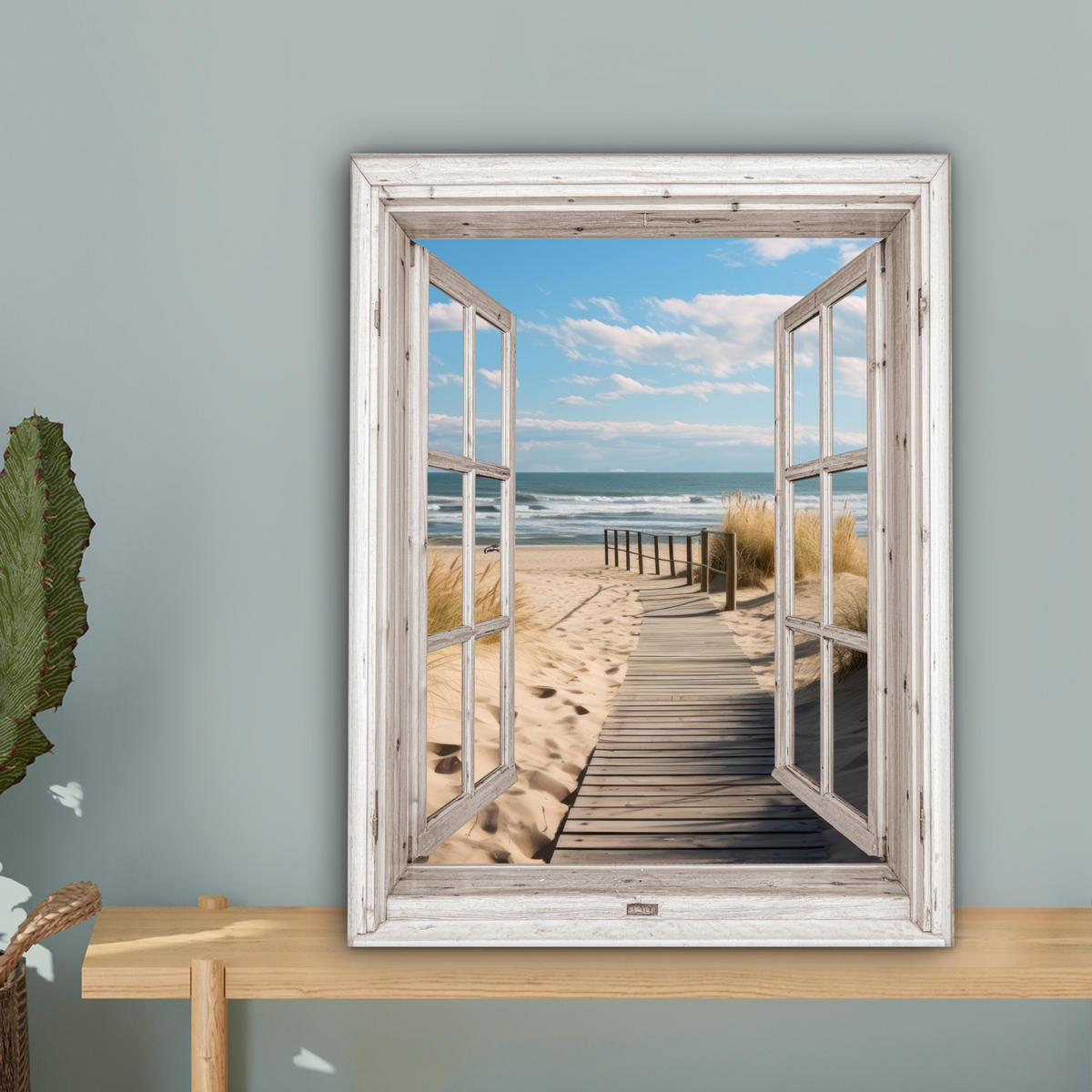 LEINWANDBILD Fenster - Meer - Küste - Natur - Ausblick - Strand - Wattenmeer 30x40 cm - Beige, Textil (30/40cm) - MuchoWow