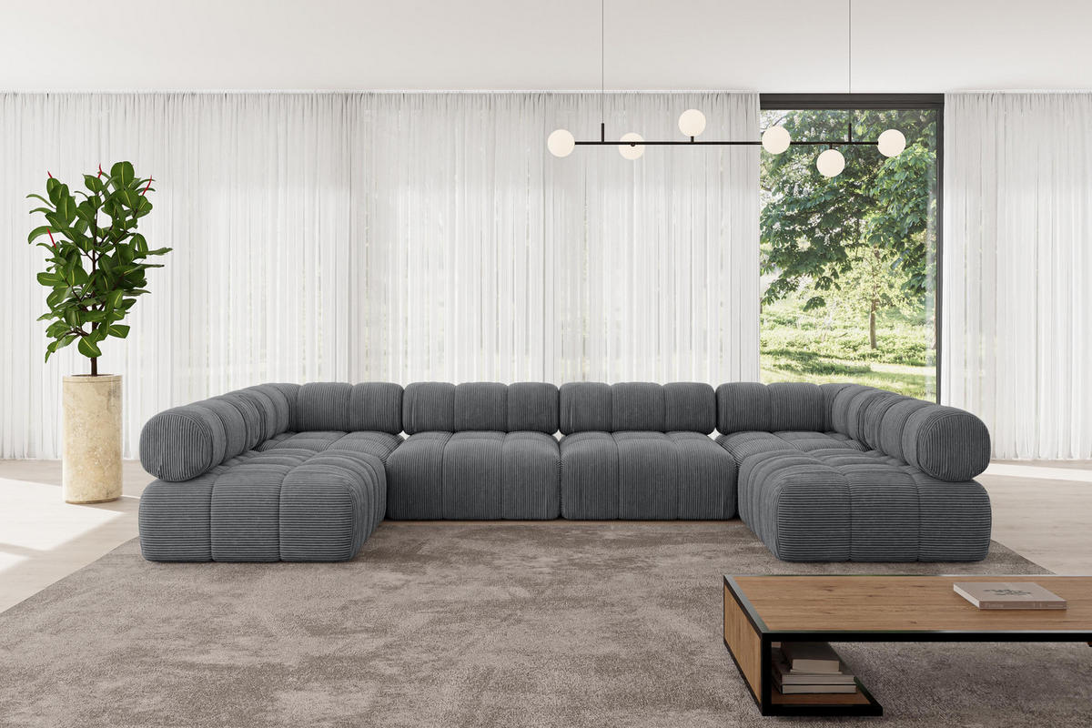 WOHNLANDSCHAFT modulares Sofa Garvo-U2 - 380x190x70 cm Dunkelgrau Cord - Dunkelgrau, Holzwerkstoff/Textil (380/70/190cm) - ALTDECOR