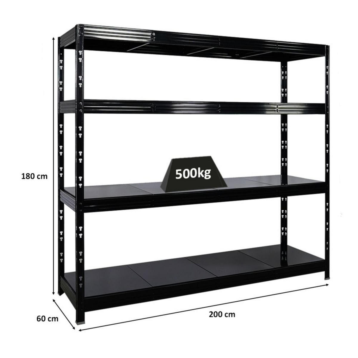SCHWERLASTREGAL Rhino 180x200x60 cm 4 Stahlplatten-Ebenen Fachlast 500 kg Schwarz - Schwarz, Metall (200/180/60cm) - PROREGAL