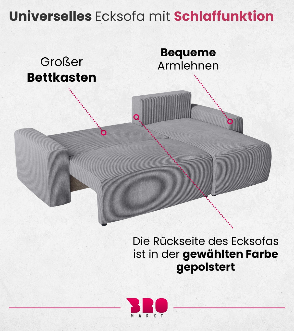 ECKSOFA PLUSH mit Schlaffunktion Grau Cord - Grau, Textil (240/145cm) - Bromarkt