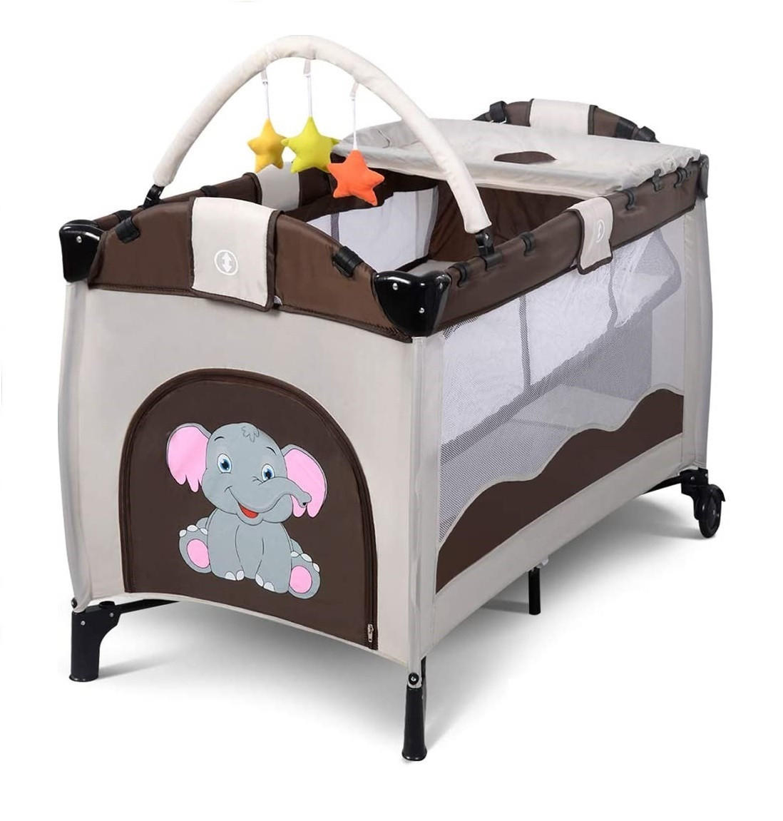 BABYBETT 3 in 1 klappbares Reisebett Wickeltisch Braun - Braun, Metall - COSTWAY