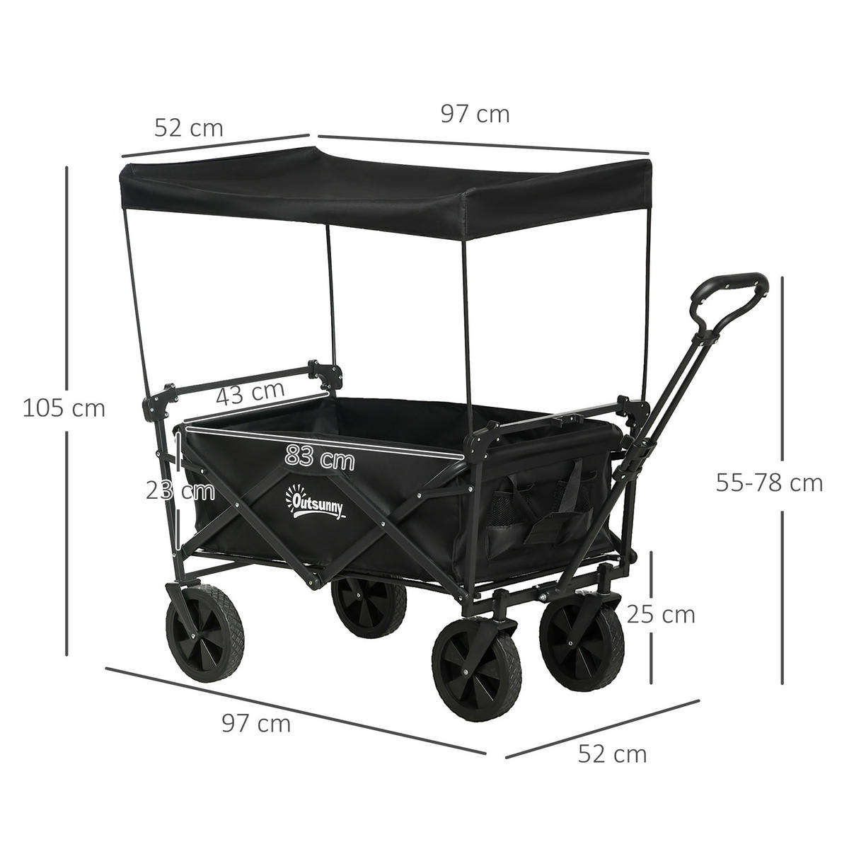 GARTENWAGEN DE-10434 klappbar mit Dach, 110 L Schwarz - Schwarz, Metall (52/105/97cm) - ComfortXL