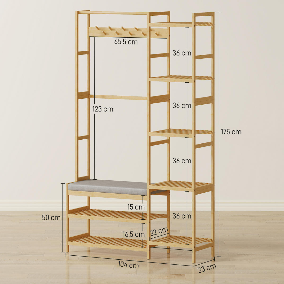 GARDEROBENSTÄNDER mit 10 Haken 104/33/175 cm Natur - Naturfarben/Grau, Holz/Bambusholz (33/175/104cm) - HOMCOM