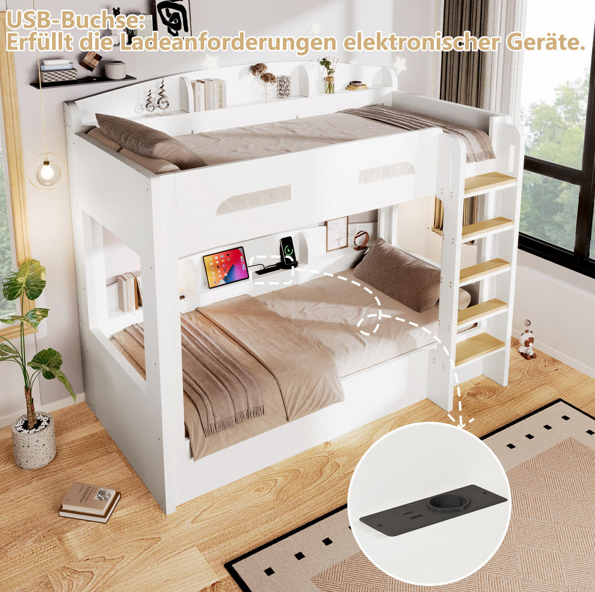 ETAGENBETT 90x200 cm in Weiß mit USB-Steckdose und Ablageflächen - Weiß, Holz (90/200cm) - IVMEU