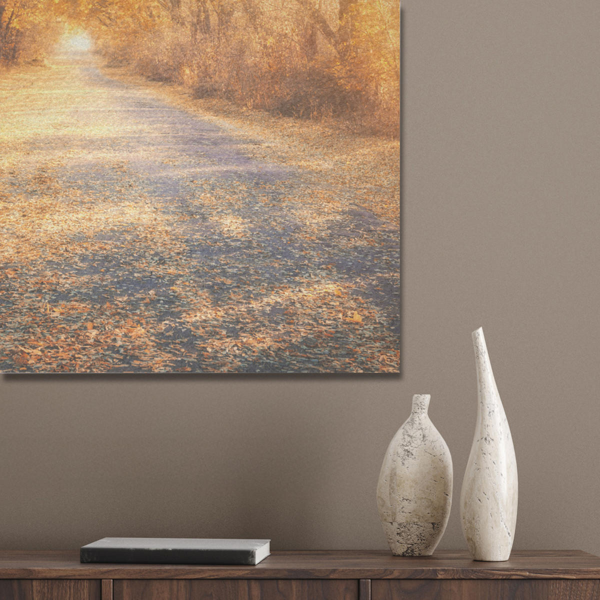AKUSTIKPANEEL Wald - Herbst - Bäume - Waldweg - Natur 60x80 cm - Bernsteinfarben, Textil (60/0.9/80cm) - MuchoWow