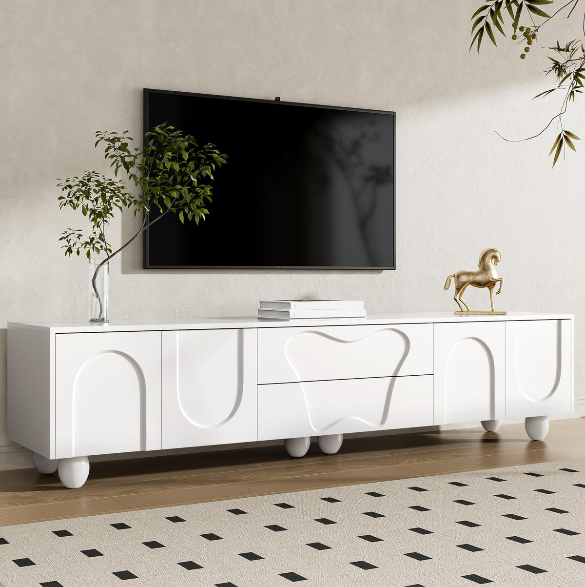 TV stolek 180/40/42 cm s úložným prostorem, masivními dřevěnými nohami a matným povrchem, Bílá - bílá, kompozitní dřevo (180/42/40cm) - Redom