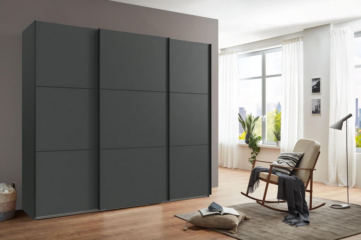 SCHWEBETÜRENSCHRANK 3-türig B250/H216/T65 cm inkl. Vollausstattung in Anthrazit / 22012 - Anthrazit/Schwarz, Holzwerkstoff/Metall (250/216/65cm) - luma-home
