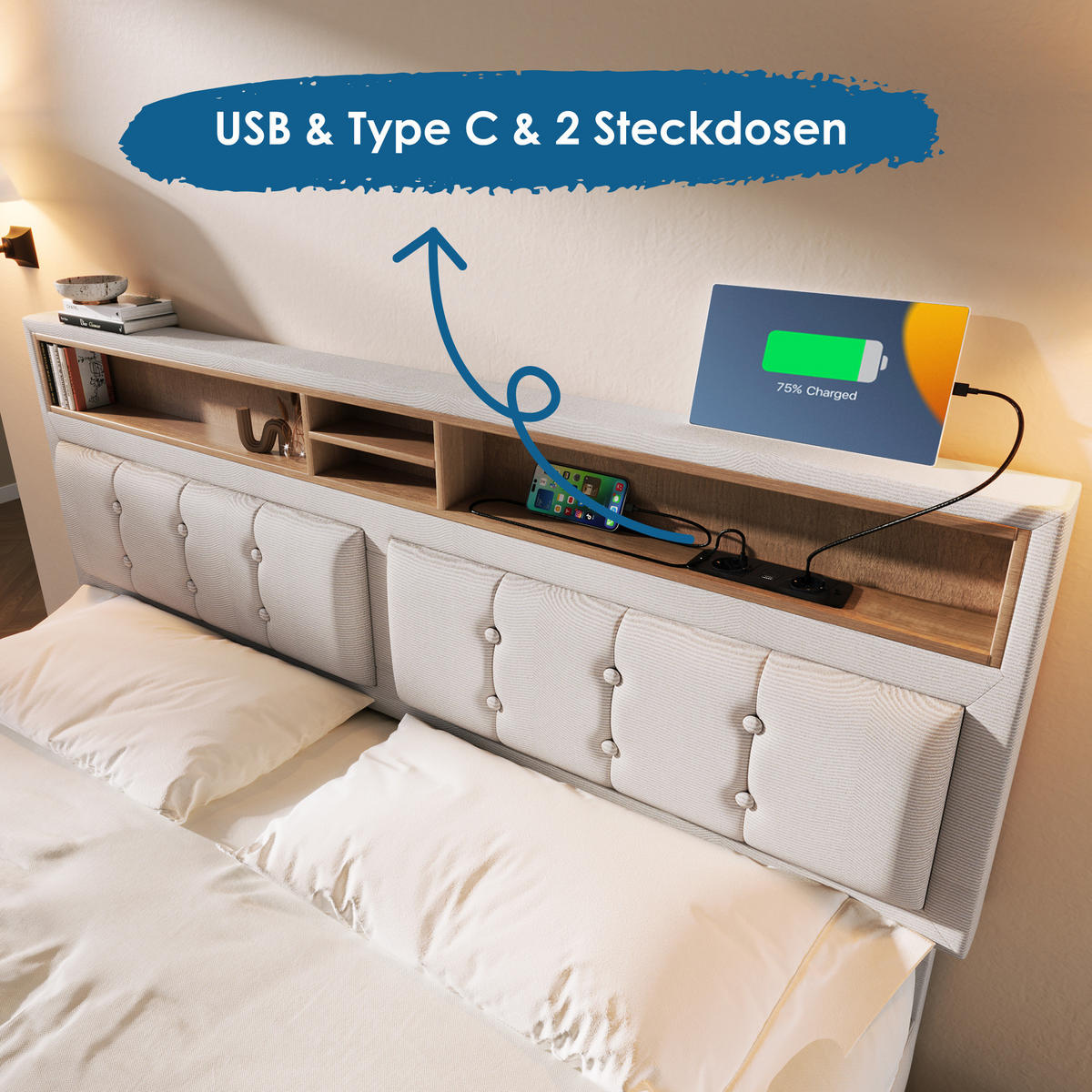 POLSTERBETT 160/200 cm Beige aus Leinen mit Stauraum und USB-C-Anschluss - Beige, Textil (160/200cm) - OKMYHOME