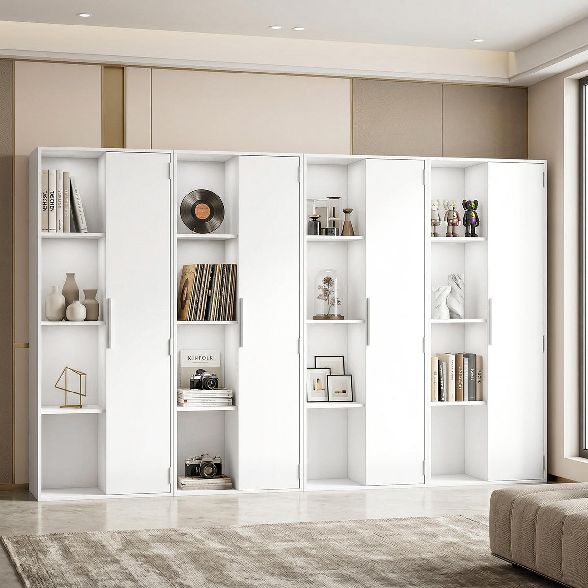 BÜCHERREGAL DE-09903 4-stöckig mit Schrank und Türen Weiß - Weiß, Holzwerkstoff (35/160/60cm) - ComfortXL